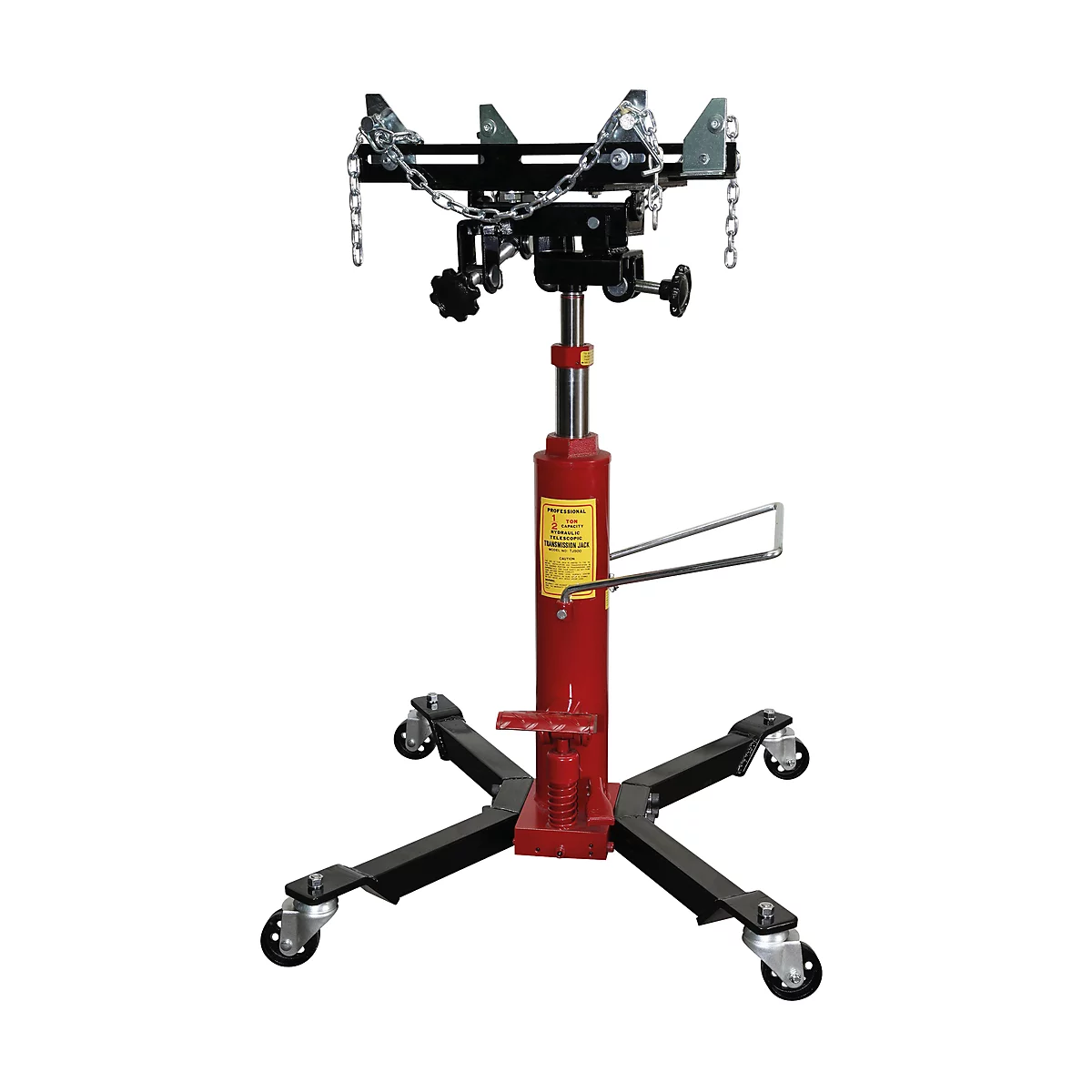 Ein roter Getriebeheber steht auf einem schwarzen, rollbaren Fuß. Über dem Heber befindet sich eine Halterung.